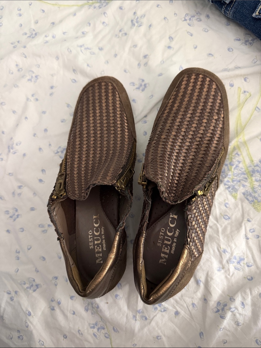 Sesto Meucci Metallic Brown Woven Slip-On Moccasins